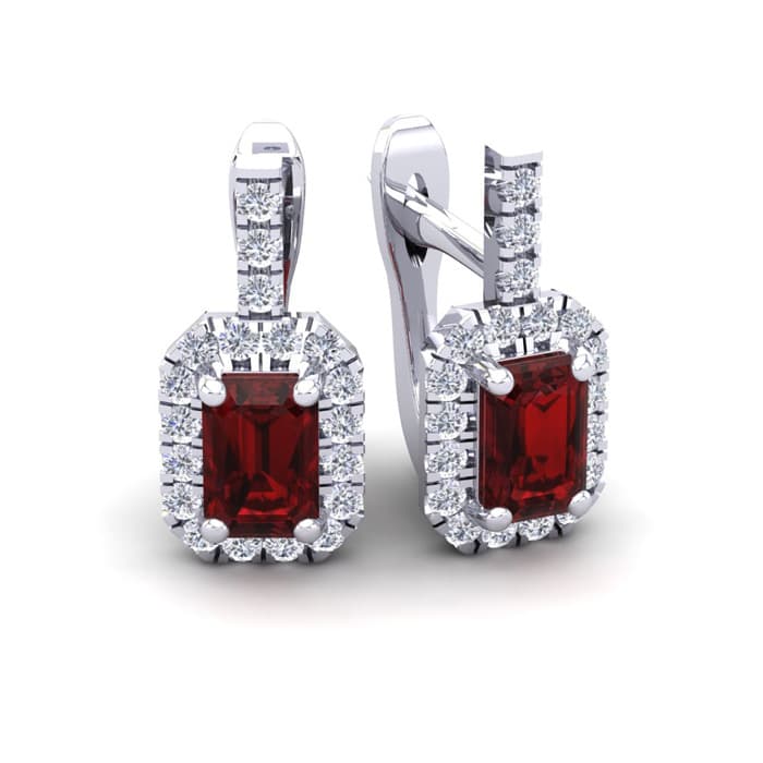 Garnet Earrings: Garnet Jewelry: 2 Carat Garnet and Halo Diamond Dangle Earrings In 14 Karat White Gold