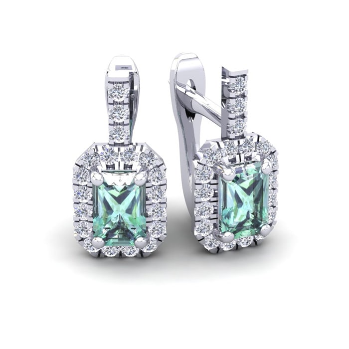 1 1/2 Carat Green Amethyst and Halo Diamond Dangle Earrings In 14 Karat White Gold
