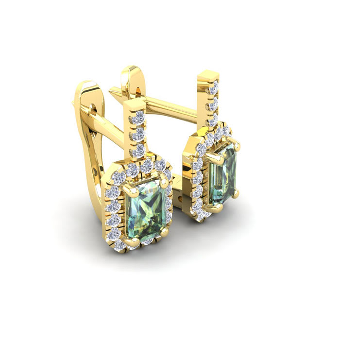 1 1/2 Carat Green Amethyst and Halo Diamond Dangle Earrings In 14 Karat Yellow Gold