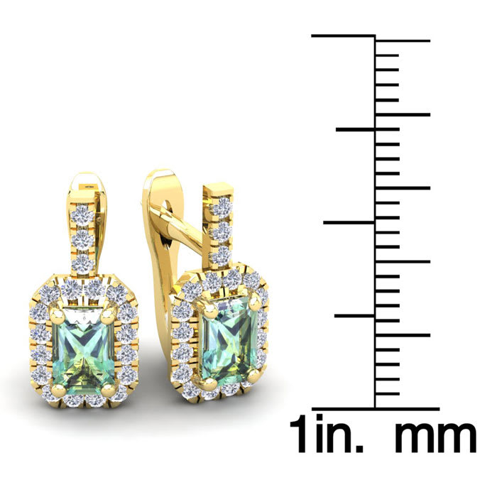1 1/2 Carat Green Amethyst and Halo Diamond Dangle Earrings In 14 Karat Yellow Gold