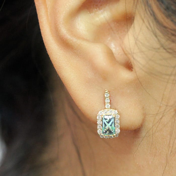 1 1/2 Carat Green Amethyst and Halo Diamond Dangle Earrings In 14 Karat Yellow Gold