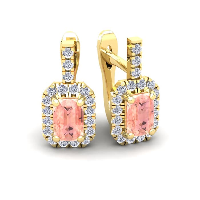 1-3/4 Carat Octagon Shape Morganite Earrings and Diamond Halo Dangle In 14 Karat Yellow Gold