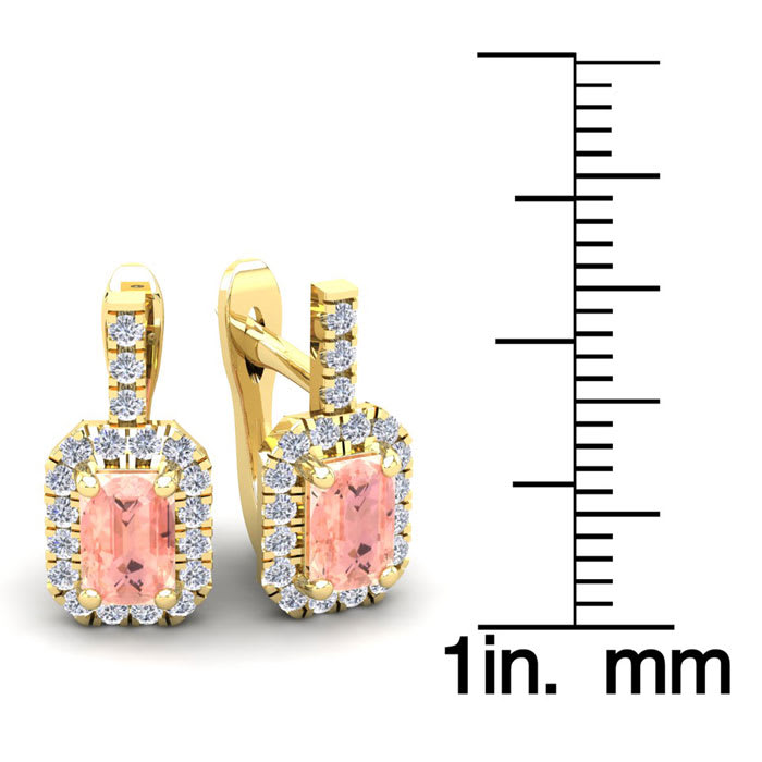 1-3/4 Carat Octagon Shape Morganite Earrings and Diamond Halo Dangle In 14 Karat Yellow Gold