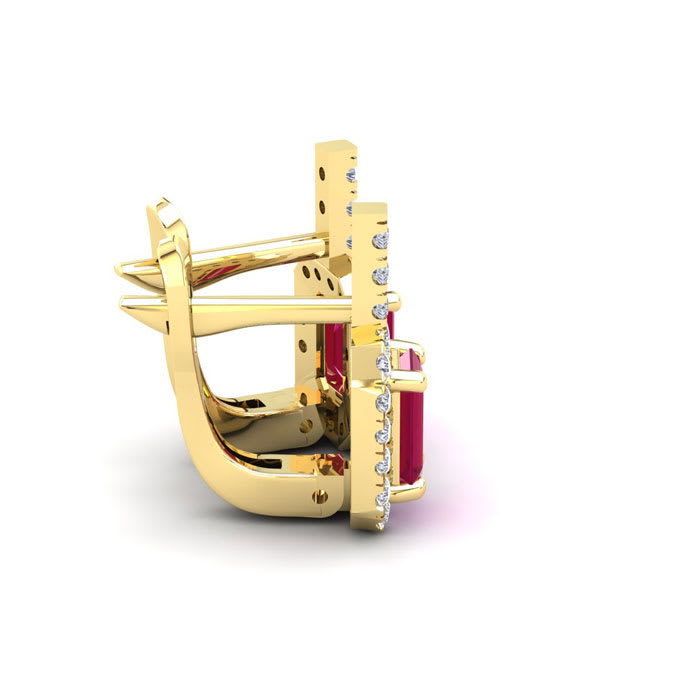 2 Carat Ruby and Halo Diamond Dangle Earrings In 14 Karat Yellow Gold