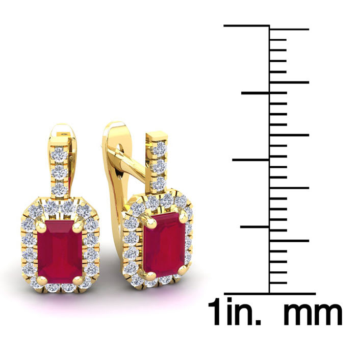 2 Carat Ruby and Halo Diamond Dangle Earrings In 14 Karat Yellow Gold