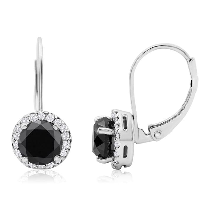 14K White Gold 2 1/4 Carat Black and White Halo Diamond Leverback Earrings