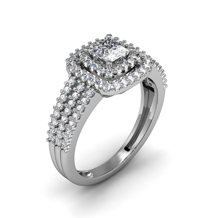 1 Carat Double Halo Massive Looking Princess Diamond Engagement Ring In 14K White Gold