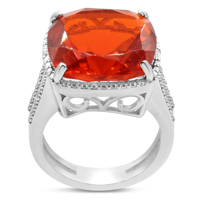12ct Split Shank Cushion Cut Created Padparadscha Sapphire and Diamond Ring In Sterling Silver

