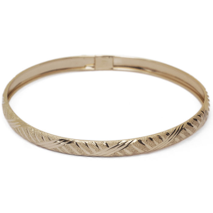 10K Yellow Gold Flexible Bangle Bracelet With Fancy Diamond Cut Design, 7 Inches