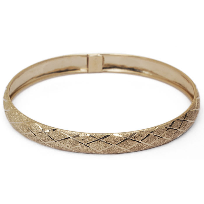 10K Yellow Gold Flexible Bangle Bracelet With Preppy Diamond Cut Design, 7 Inches