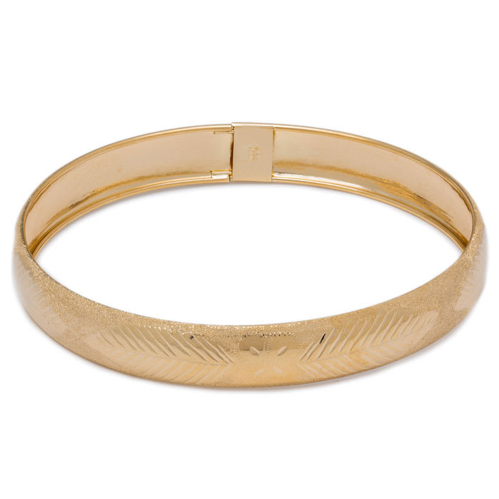 10K Yellow Gold Flexible Bangle Bracelet With Bow and Leaves Diamond Cut Design, 7 Inches