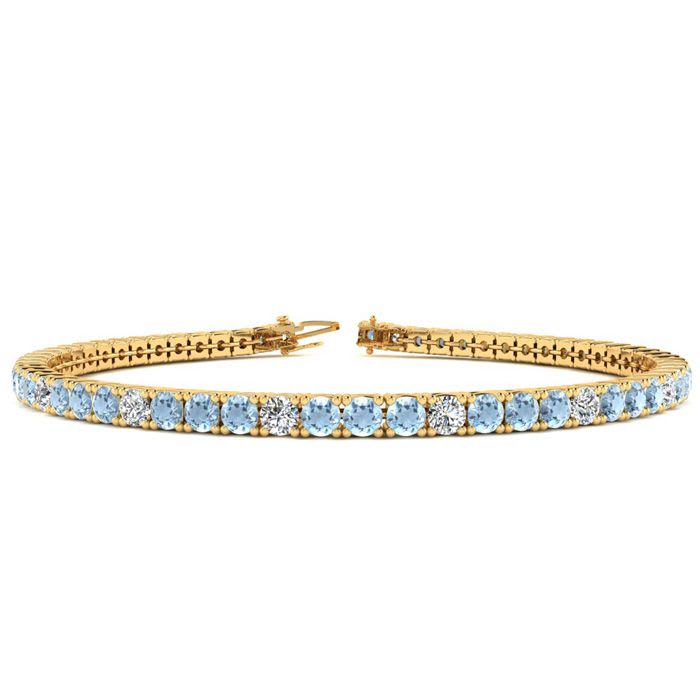 Aquamarine Bracelet: Aquamarine Jewelry: 4 3/4 Carat Aquamarine And Diamond Graduated Tennis Bracelet In 14 Karat Yellow Gold, 8 1/2 Inches