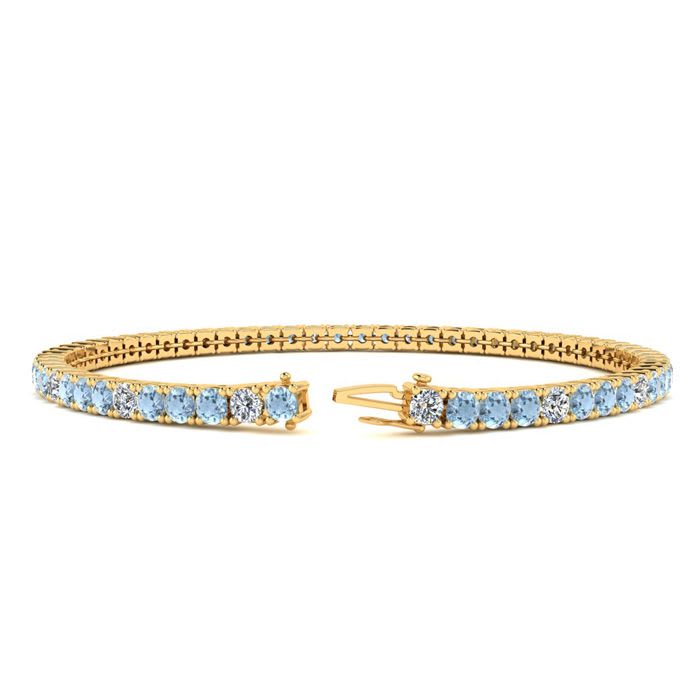 Aquamarine Bracelet: Aquamarine Jewelry: 4 3/4 Carat Aquamarine And Diamond Graduated Tennis Bracelet In 14 Karat Yellow Gold, 8 1/2 Inches