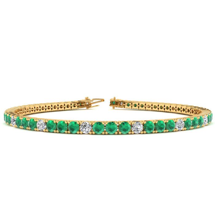 5 1/3 Carat Emerald And Diamond Graduated Tennis Bracelet In 14 Karat Yellow Gold, 8 1/2 Inches