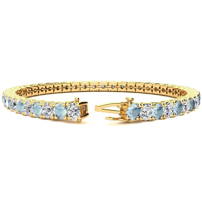 Aquamarine Bracelet: Aquamarine Jewelry: 8 3/4 Carat Aquamarine and Diamond Tennis Bracelet In 14 Karat Yellow Gold, 7 1/2 Inches