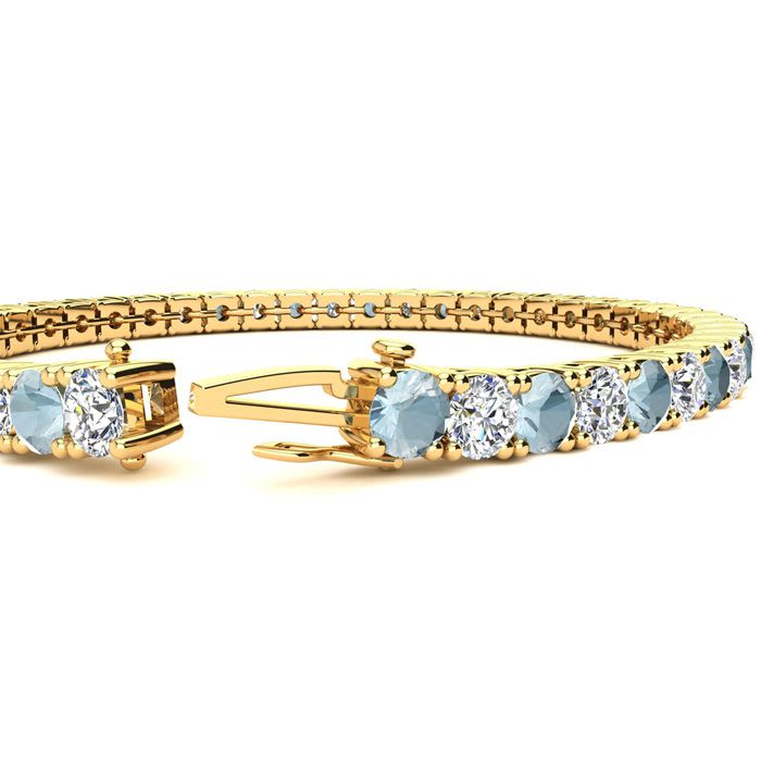 Aquamarine Bracelet: Aquamarine Jewelry: 8 3/4 Carat Aquamarine and Diamond Tennis Bracelet In 14 Karat Yellow Gold, 7 1/2 Inches
