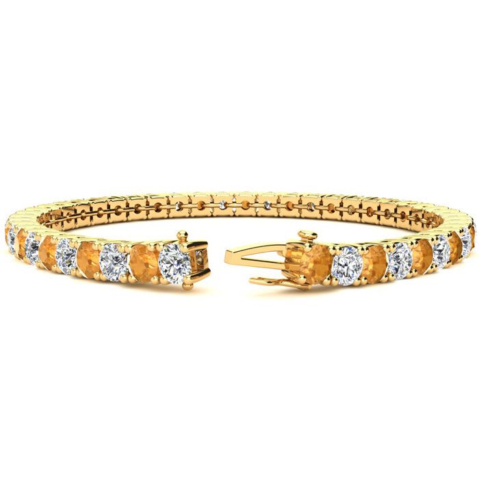 9 3/4 Carat Citrine and Diamond Tennis Bracelet In 14 Karat Yellow Gold, 7 1/2 Inches