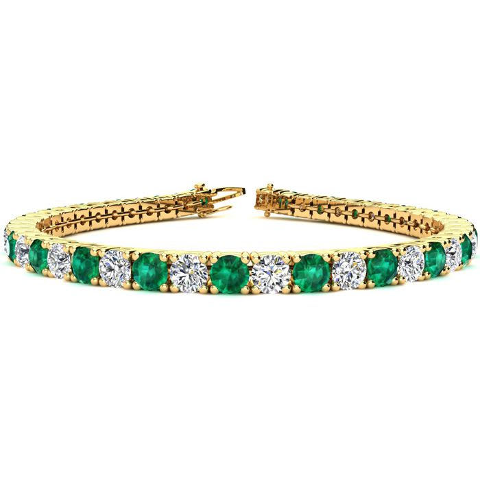 12 Carat Emerald and Diamond Tennis Bracelet In 14 Karat Yellow Gold, 8 Inches
