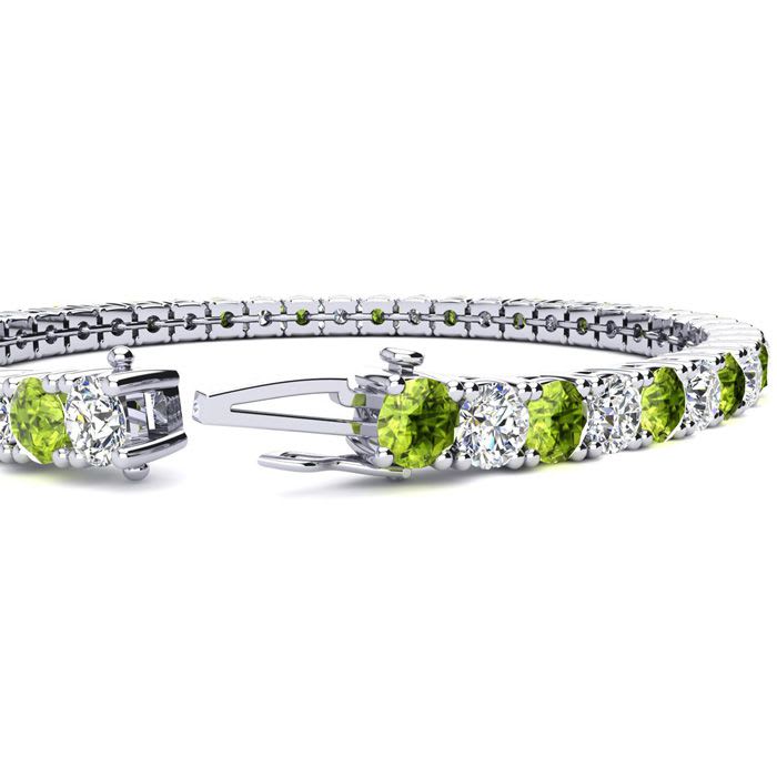 9 3/4 Carat Peridot and Diamond Tennis Bracelet In 14 Karat White Gold, 7 1/2 Inches