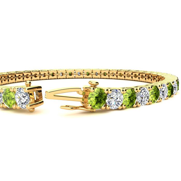 8 1/2 Carat Peridot and Diamond Tennis Bracelet In 14 Karat Yellow Gold, 6 1/2 Inches