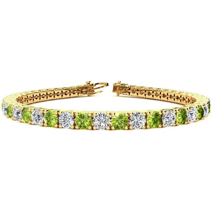 9 1/5 Carat Peridot and Diamond Tennis Bracelet In 14 Karat Yellow Gold, 7 Inches