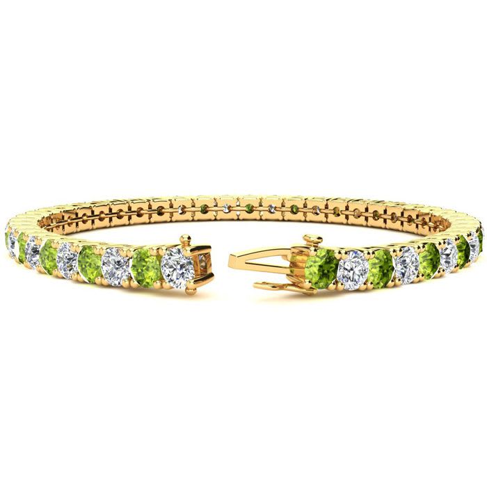 9 3/4 Carat Peridot and Diamond Tennis Bracelet In 14 Karat Yellow Gold, 7 1/2 Inches
