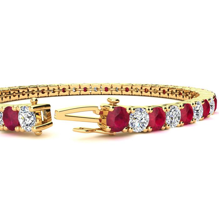 Ruby Bracelet; Ruby Tennis Bracelet; 12 1/2 Carat Ruby and Diamond Tennis Bracelet In 14 Karat Yellow Gold
