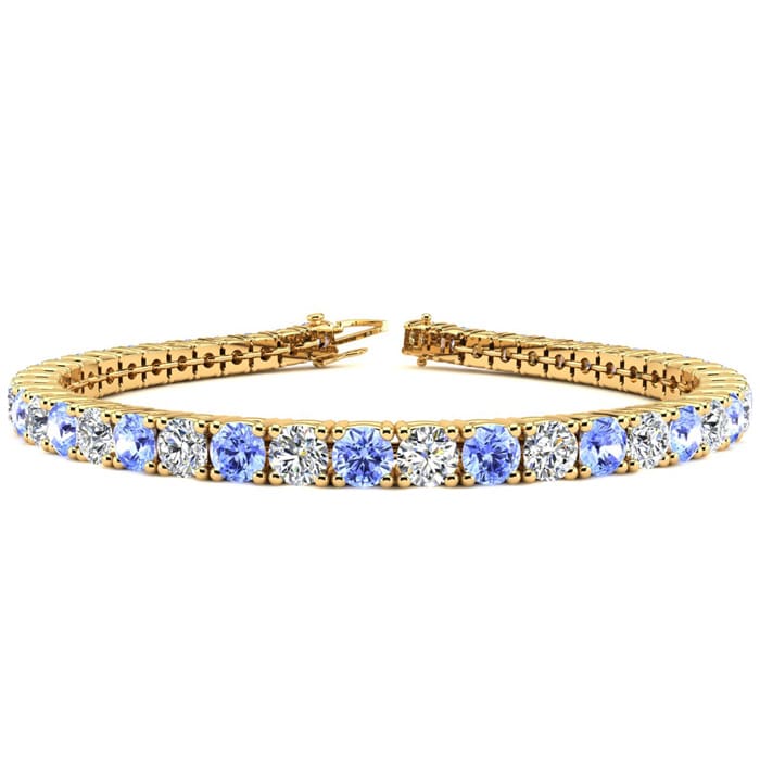 7 1/2 Carat Tanzanite and Diamond Tennis Bracelet In 14 Karat Yellow Gold, 6 Inches