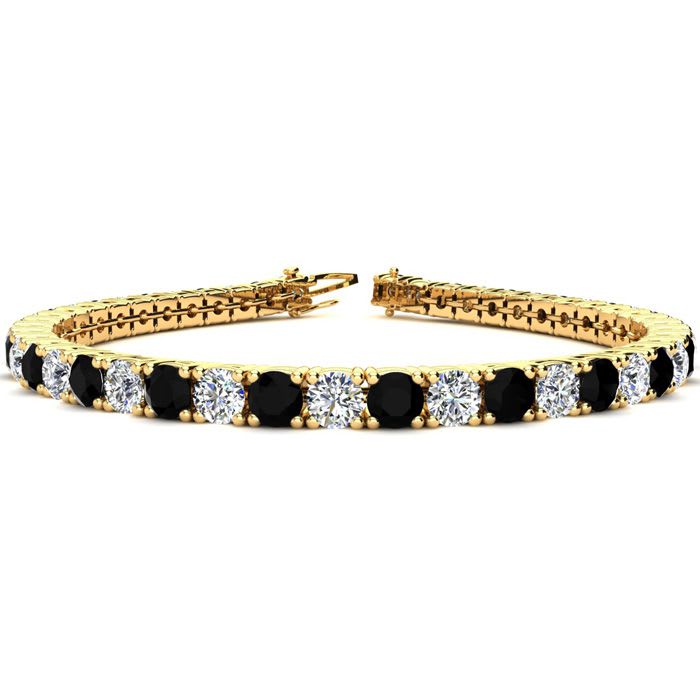 11 1/5 Carat Black and White Diamond Tennis Bracelet In 14 Karat Yellow Gold, 8 1/2 Inches