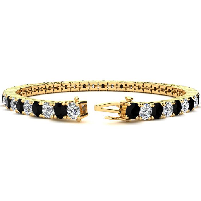 11 1/5 Carat Black and White Diamond Tennis Bracelet In 14 Karat Yellow Gold, 8 1/2 Inches