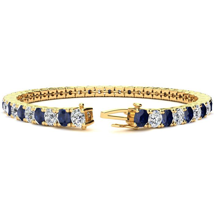 9 1/3 Carat Sapphire and Diamond Tennis Bracelet In 14 Karat Yellow Gold, 6 Inches