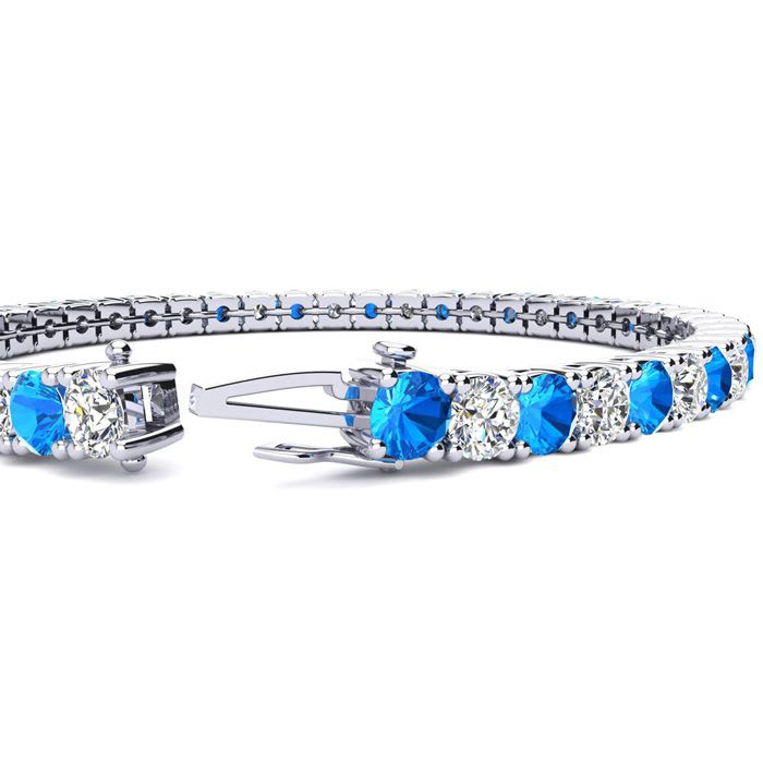 10 1/3 Carat Blue Topaz and Diamond Tennis Bracelet In 14 Karat White Gold, 7 Inches