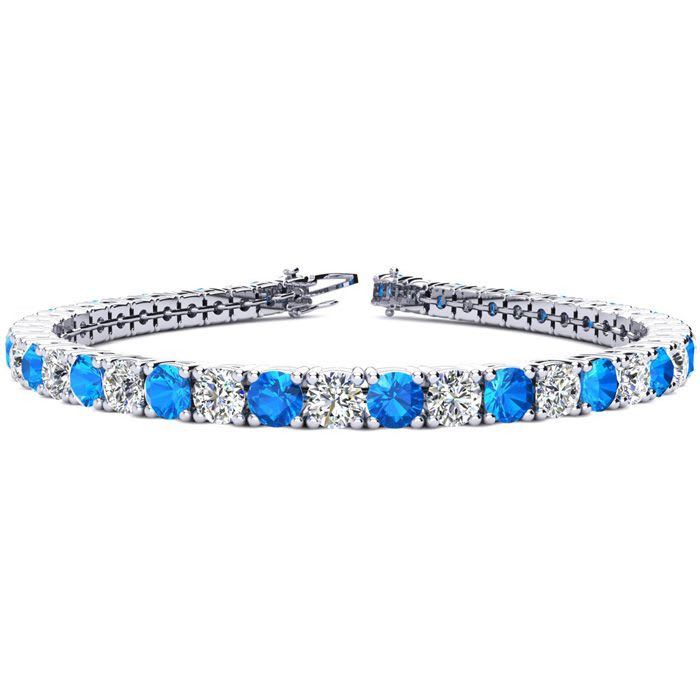 11 Carat Blue Topaz and Diamond Tennis Bracelet In 14 Karat White Gold, 7 1/2 Inches
