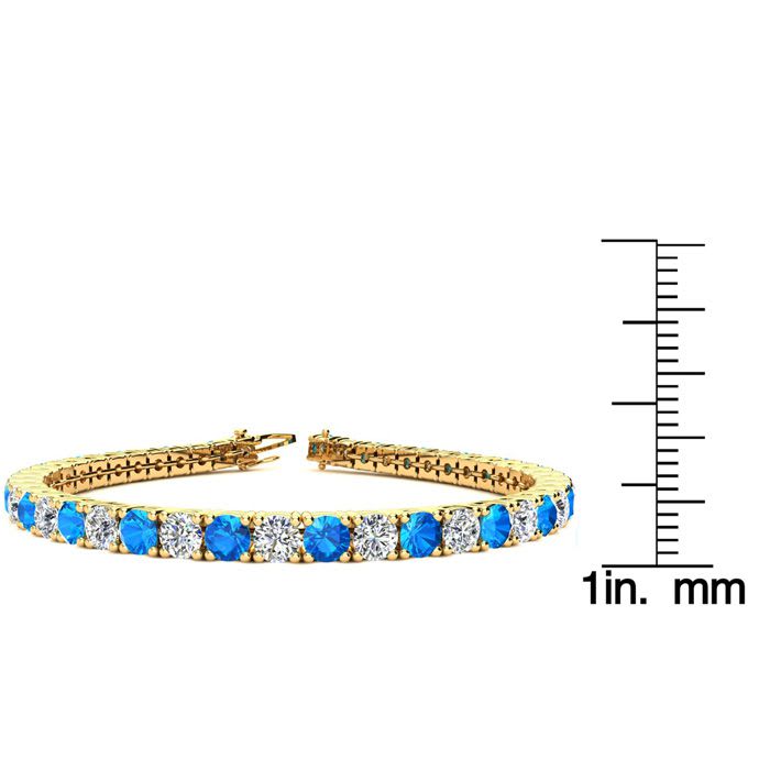 11 Carat Blue Topaz and Diamond Tennis Bracelet In 14 Karat Yellow Gold, 7 1/2 Inches
