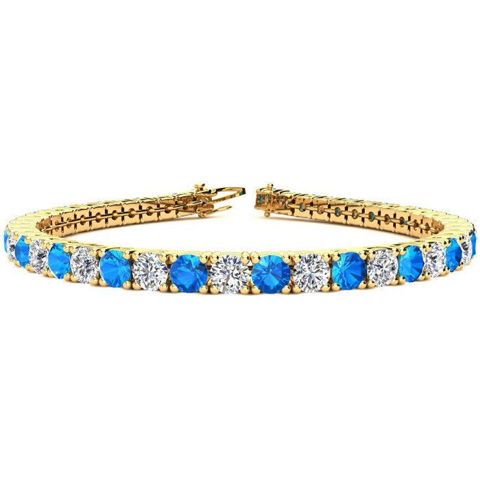 13 1/4 Carat Blue Topaz and Diamond Tennis Bracelet In 14 Karat Yellow Gold, 9 Inches