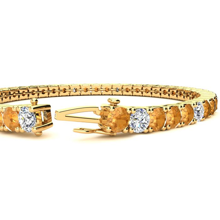 9 3/4 Carat Citrine and Diamond Alternating Tennis Bracelet In 14 Karat Yellow Gold, 7 1/2 Inches
