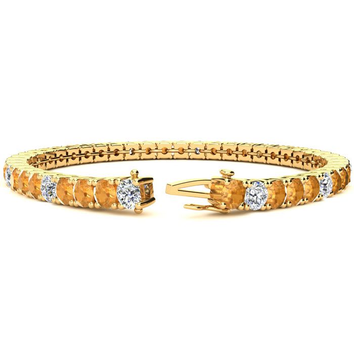 11 1/5 Carat Citrine and Diamond Alternating Tennis Bracelet In 14 Karat Yellow Gold, 8 1/2 Inches