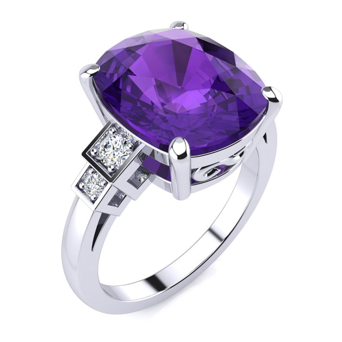 14k White Gold Cushion Cut 4ct Amethyst and Diamond Ring