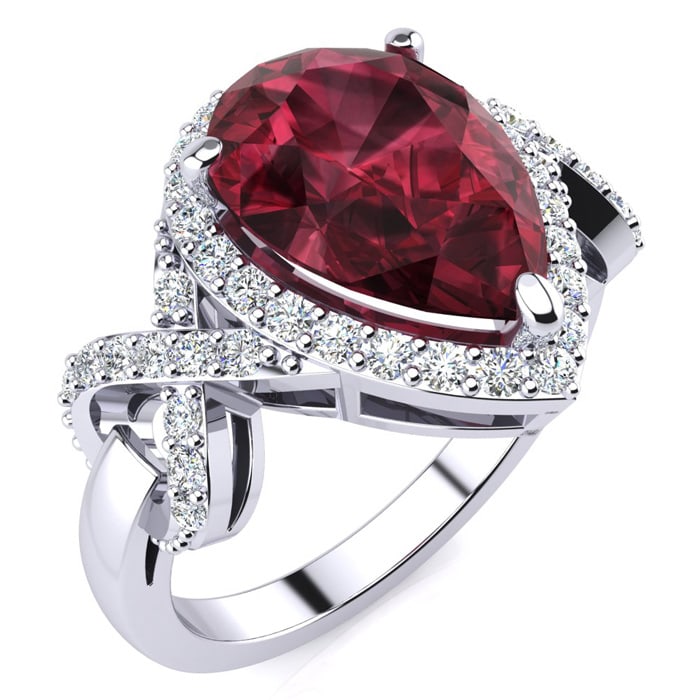 Garnet Ring: Garnet Jewelry: 3ct Garnet and Diamond Ring With X Shank Accents, 14k White Gold