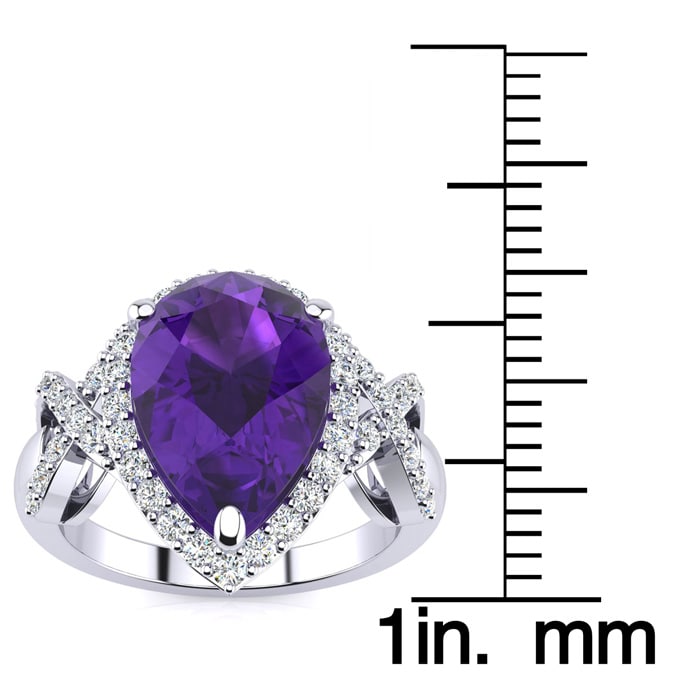 3ct Amethyst and Diamond Ring With X Shank Accents, 14k White Gold