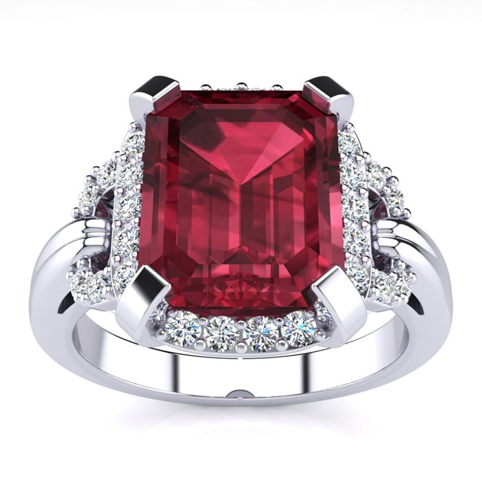 Garnet Ring: Garnet Jewelry: Interlocking Bit Fluted 3ct Garnet and Diamond Ring in 14k White Gold