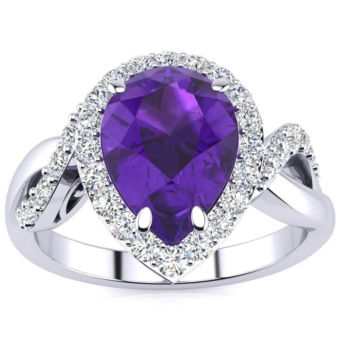 2 1/2ct Pear Shape Amethyst and Diamond Ring in 14K White Gold