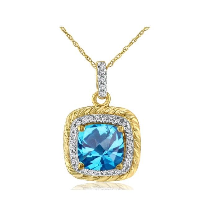 Rope Design Blue Topaz and Diamond Pendant in 14k Yellow Gold