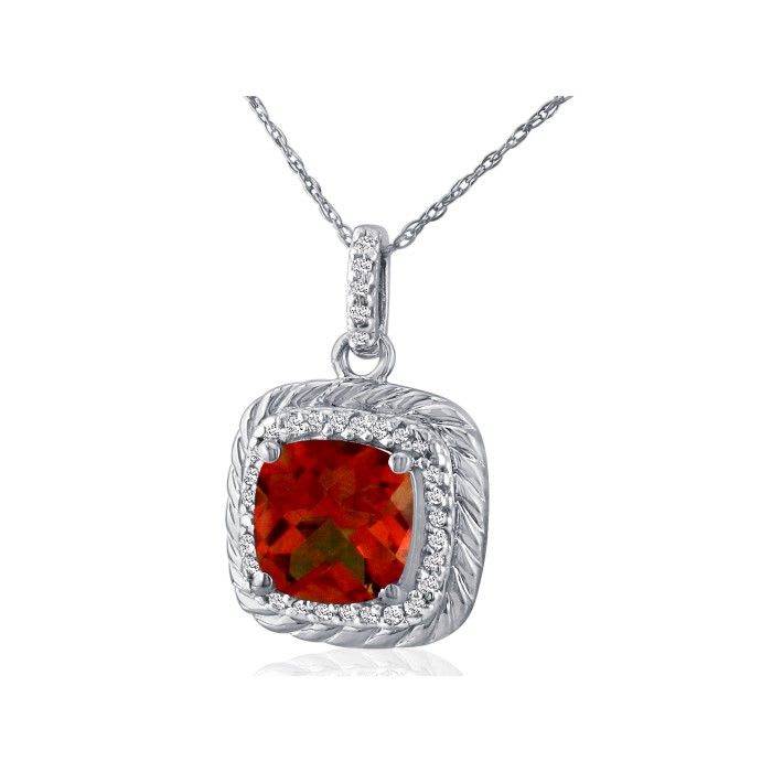 Garnet Necklace: Garnet Jewelry: Rope Design Garnet and Diamond Pendant in 14k White Gold