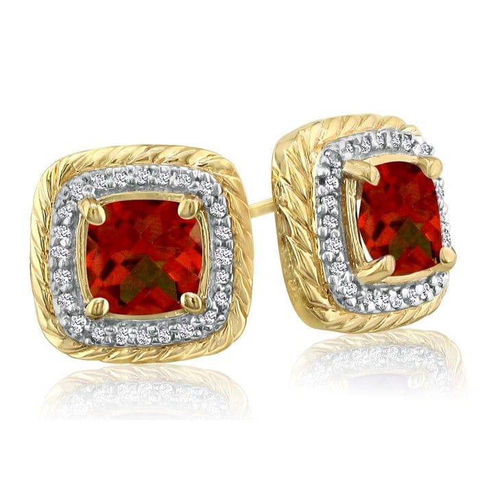  2 3/4 Carat Cushion Shape Garnet and Halo Diamond Earrings In 14K Yellow Gold
