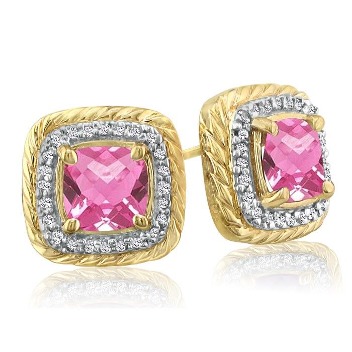  2 3/4 Carat Cushion Shape Pink Topaz and Halo Diamond Earrings In 14K Yellow Gold