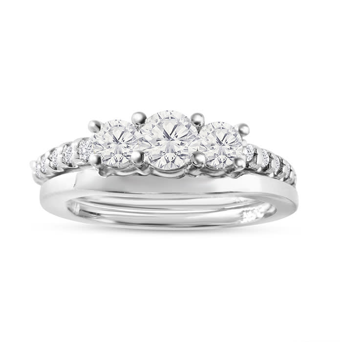 Estate Jewelry 1 Carat Three Diamond Ring Bridal Set in 14k White Gold, With Shadow Band, Size 6.5