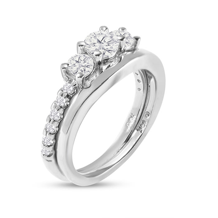 Estate Jewelry 1 Carat Three Diamond Ring Bridal Set in 14k White Gold, With Shadow Band, Size 6.5