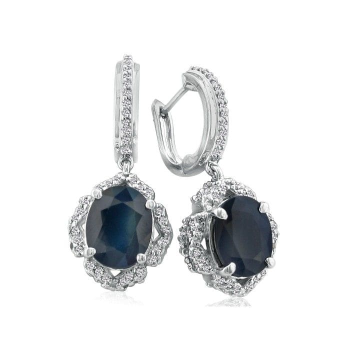 6 1/3ct Dangle Sapphire and Diamond Hoop Earrings in 14k White Gold