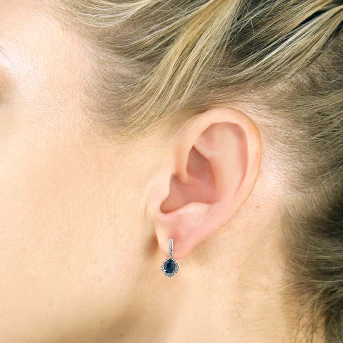 6 1/3ct Dangle Sapphire and Diamond Hoop Earrings in 14k White Gold